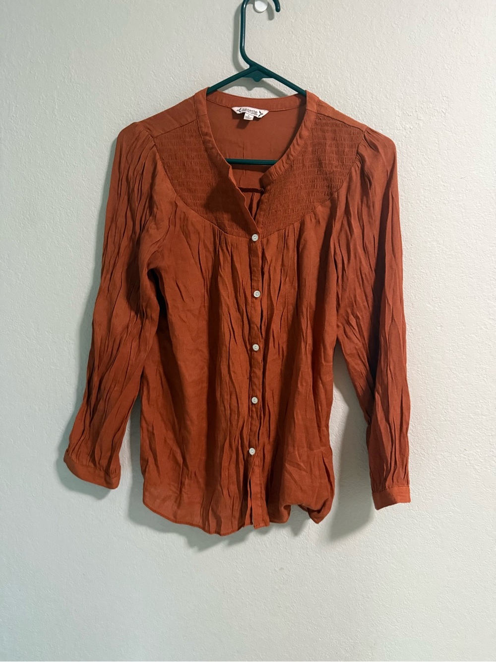 Nanette Lepore Rust Smocked Yoke Peasant Blouse Size 8